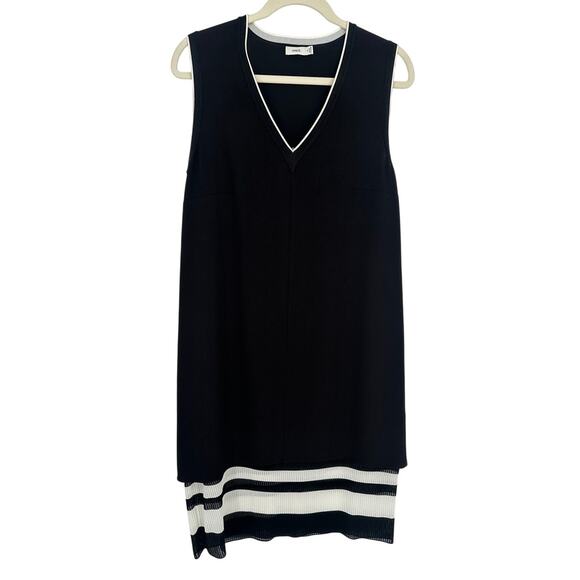 Vince Sleeveless Knit Midi Dress Black & White V-Neck Striped Mesh Hem Size 10 - Picture 1 of 12